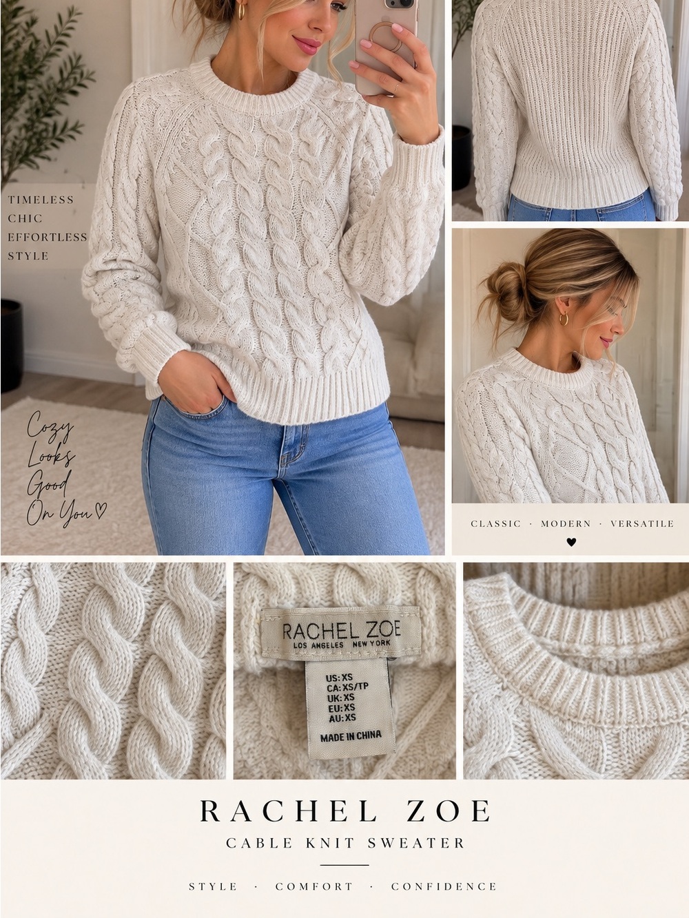 Rachel Zoe Cream Cable Knit Sweater - Classic Crewneck